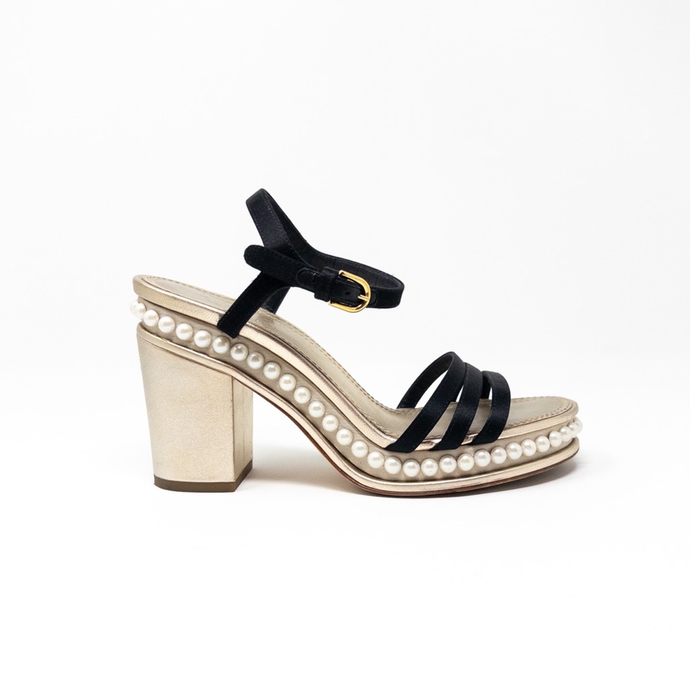 Chanel Strappy Pearl Platform Sandals EU 37 Block Heel Black Gold Metallic